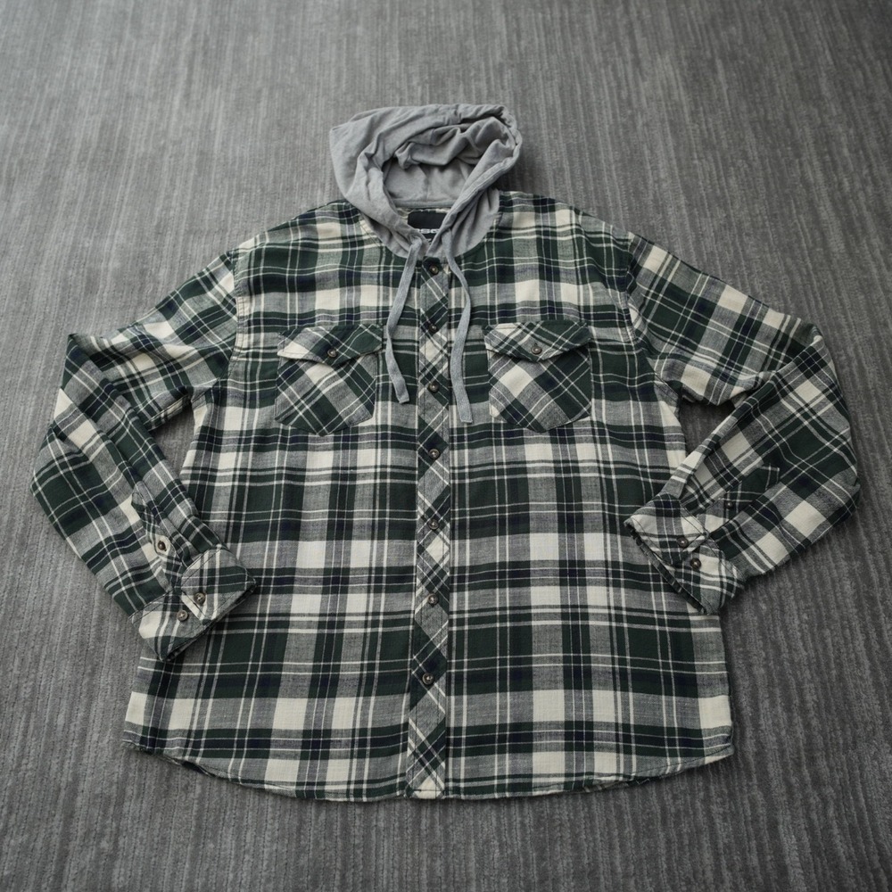 RSQ Flannel Hoodie Men Gray Plaid Button Up Drawstring Plaid Long Sleeve Large
